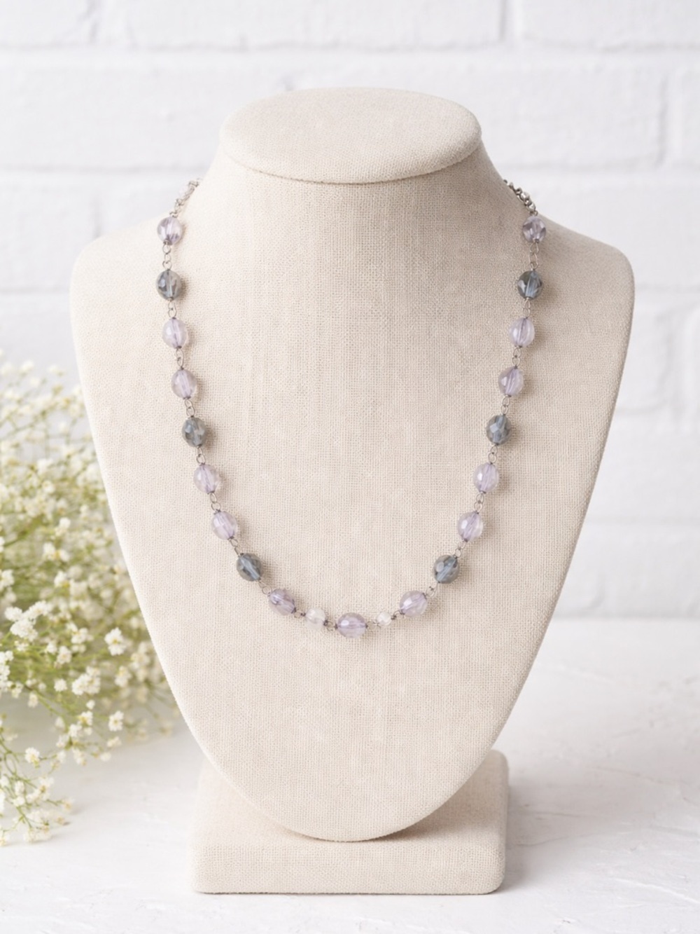 Lavender and Gray Beaded Silver-Tone Adjustable Minimalistic Necklace